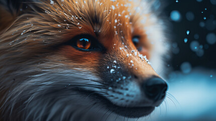 Wall Mural - a close up of a fox's face with snow on its snout generative ai