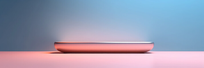 Poster - Pink silver display podium on a pink table against a blue wall.Showcase, Promotion display.The background can be used for mounting, presentation or displaying your products.Banner. Generative AI