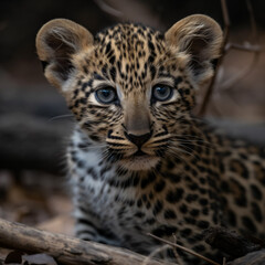 Wall Mural - a baby leopard with blue eyes laying on the ground generative ai