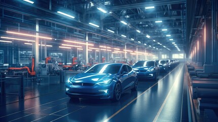 Poster - Automobile assembly line production, Unfinished automobiles in a car plant.