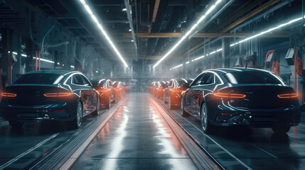 Poster - Automobile assembly line production, Unfinished automobiles in a car plant.