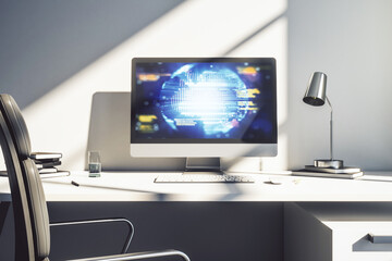 Aufkleber - Modern computer display with abstract programming language hologram and world map, artificial intelligence and neural networks concept. 3D Rendering