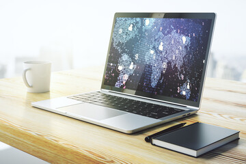 Poster - modern computer monitor with social network icons concept with world map. marketing and promotion co