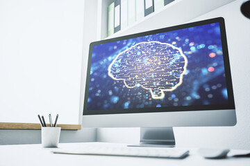 Poster - Creative artificial Intelligence concept with human brain sketch on modern laptop monitor. 3D Rendering