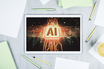 Poster - Creative artificial Intelligence symbol concept on modern digital tablet screen. Top view. 3D Rendering