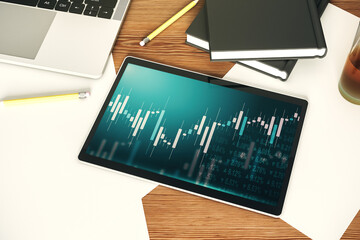 Aufkleber - Modern digital tablet monitor with abstract creative financial chart, research and strategy concept. Top view. 3D Rendering