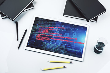 Aufkleber - Top view of modern digital tablet monitor with abstract programming language hologram, artificial intelligence and machine learning concept. 3D Rendering