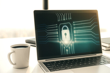 Poster - Computer monitor with creative light lock illustration and microcircuit, cyber security concept. 3D Rendering