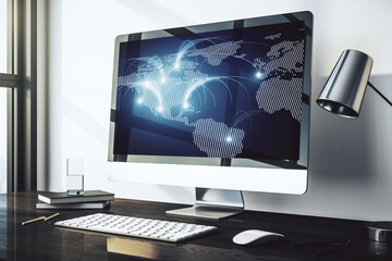 Poster - Modern computer monitor with abstract digital world map with connections, research and strategy concept. 3D Rendering