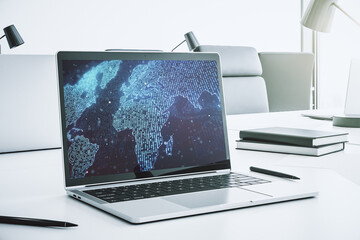 Poster - Abstract creative world map on modern laptop screen, international trading concept. 3D Rendering