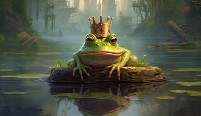 Cartoon frog prince or peincess wearing a crown sits in the water