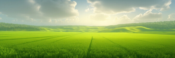 Wide panorama of lush, green fields under a sunlit sky with clouds