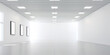 Modern minimalist art gallery interior, clean white space with empty picture frames, gallery template for interior design