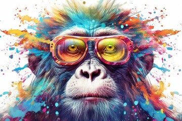 Wall Mural - burst of colors, a lively monkey with expressive eyes and stylish glasses