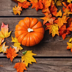 Canvas Print - ai generative pumpkin and autumn leaves on wooden background