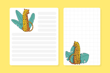 Wall Mural - blank card with leopard animal in tropical foliage vector template