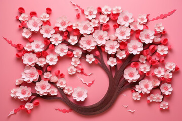 Poster - Floral background - blooming pink cherry flowers branch. Origami, paper art style. Generative AI