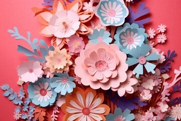 Wall Mural - Floral background - blooming multicolored flowers. Origami, paper art style. Generative AI