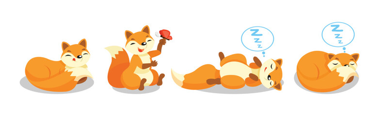 Wall Mural - cute red fox animal with bushy tail in different pose vector set