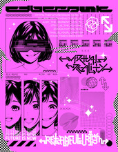 Poster With Cute Anime Girls On The Theme Of Virtual Reality, Future, Cyberpunk, Retrofuturism. Pink Poster With Cute Anime Girls. Japanese Poster In Manga Style. Poster Y2K For Typography. Vector