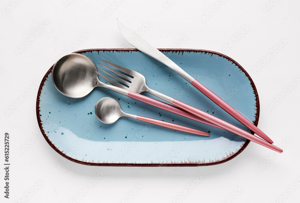 Plate with stainless steel cutlery on white background