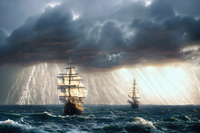 Two Vessels Sailing On A Stomy Ocean, Under Rain And Storm, Made With Ai Generative Tools