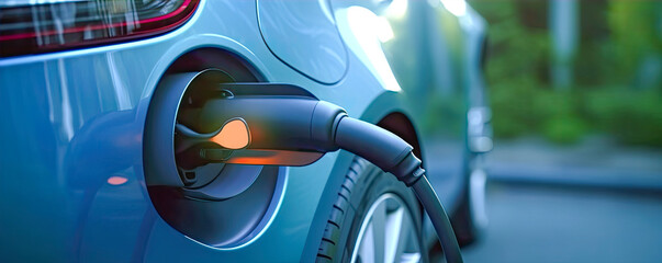 Close-up of electric car charging, ecology transportation conept. generative ai