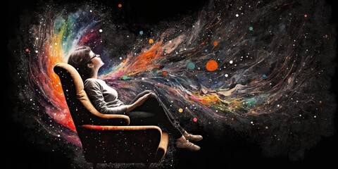 abstract art of sitting woman among galaxy in mental health of vastness with nebula and star backgro