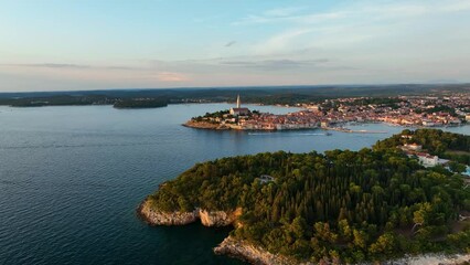 Wall Mural - rovinj, croatia. aerial view. old historic buildings in the bay. harbor with boats. beautiful romant