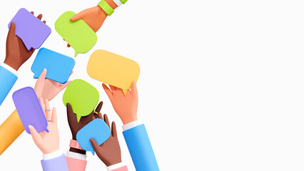 3d diverse people group holding speech bubble messages. expressions of opinion. multicultural and mu