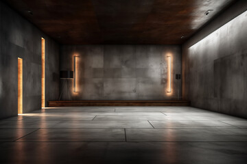 Canvas Print - Dark basement with concrete walls and reflective cement floor and spot lighting in the back wall