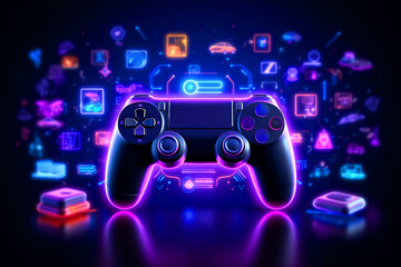 Modern gamepad with neon symbol lights in background