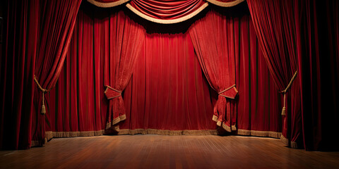 Red stage curtain on wooden floor. Generative AI