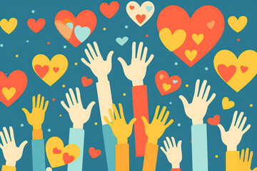 Charity illustration concept with raised hands and hearts. Community compassion, love, and support towards those in need.