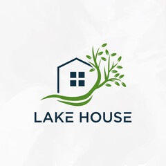 House, river and leaves abstract logo design vector icon template.