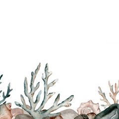 Watercolor banner with stones, illustration. Watercolor sea pebbles. Hand painted underwater illustration. Marine frame.