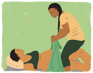 Wall Mural - Doula helping pregnant woman through labor using rebozo technique