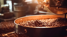 Coffee Roasting Machine And Brown Coffee Beans. Motion Blur On Beans.
