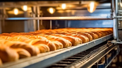 Loafs of bread in a bakery on an automated conveyor belt. Production oven at the bakery. Baking bread. Manufacture of bread.