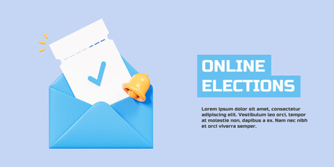 Poster - 3d blue envelope inside which tickets with checkmark. bell notification. online voting in elections.