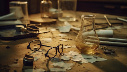 Fototapete - Old laboratory equipment on messy table, broken glass and flask generated by AI