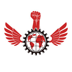 Vector illustration composed with industrial gear, raised clenched fist and Earth globe. Proletarian leader abstract vector illustration, social revolution concept.