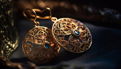 Ornate gold jewelry exudes elegance and glamour in antique design generated by AI