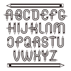 Poster - Vector script, modern alphabet letters set constructed with sharp pencils, office tools design. Can be used for logo creation in engineering or construction business.