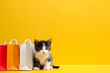  cat and shopping bag on yellow background. black Friday. cyber monday. AI generated