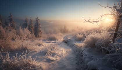 Wall Mural - A tranquil scene at dawn coniferous trees, frost, and snow generated by AI