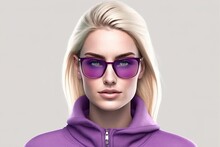 Fashionable Young Woman In Purple Clothes And Glasses On White Background, Cool Blonde Girl In Purple Jacket, Purple Sunglasses, Generative Artificial Intelligence