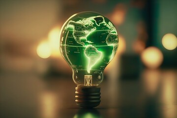 Wall Mural - Environmental protection, , sustainable energy sources. A green map of the world is on a light bulb that represents green energy, generation ai