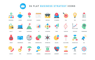 Wall Mural - Budget distribution and commerce support, vision and analysis of trends and KPI, marketing sales funnel and investment protection. Business strategy trendy flat icons set vector illustration