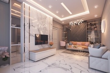 Wall Mural - modern living room with comfortable furniture and a large flat screen TV